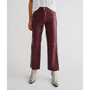 Free People The It Factor Pants Vegan Leather High Rise Straight Wide Leg, Red